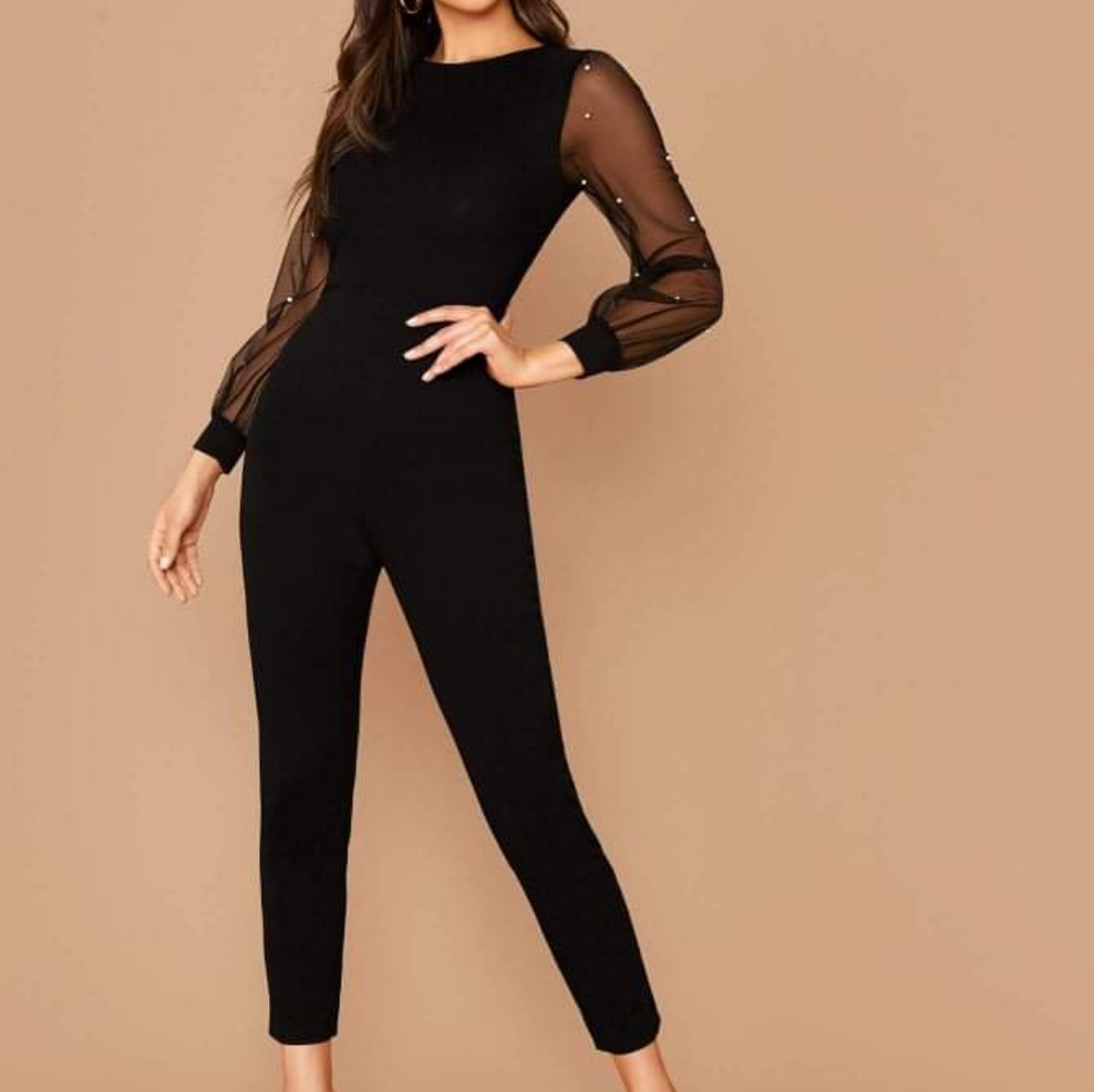 Black jumpsuit sheer long sleeves with pearls size medium ankle cropped
